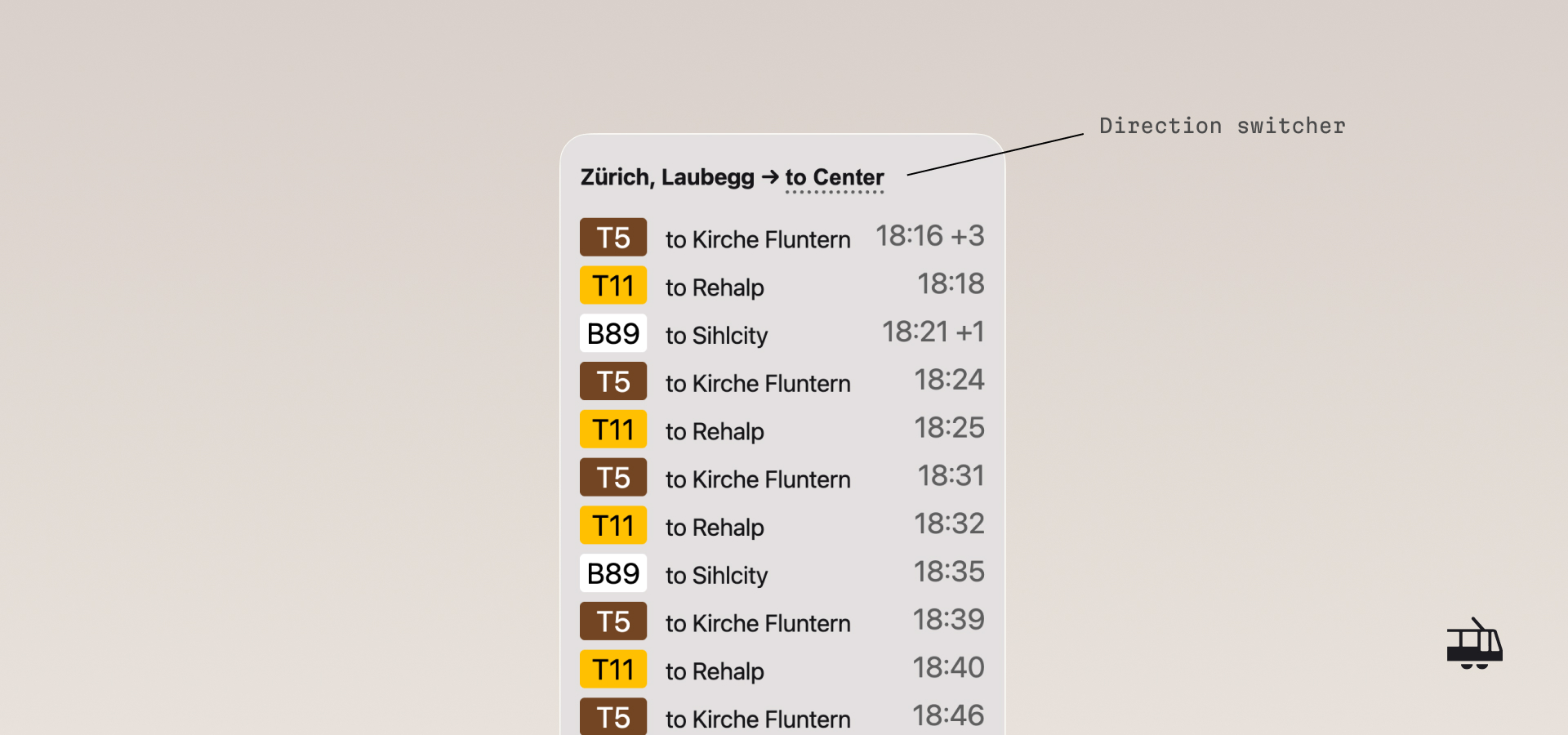 Real-time tram departures showing multiple routes with color-coded transport types