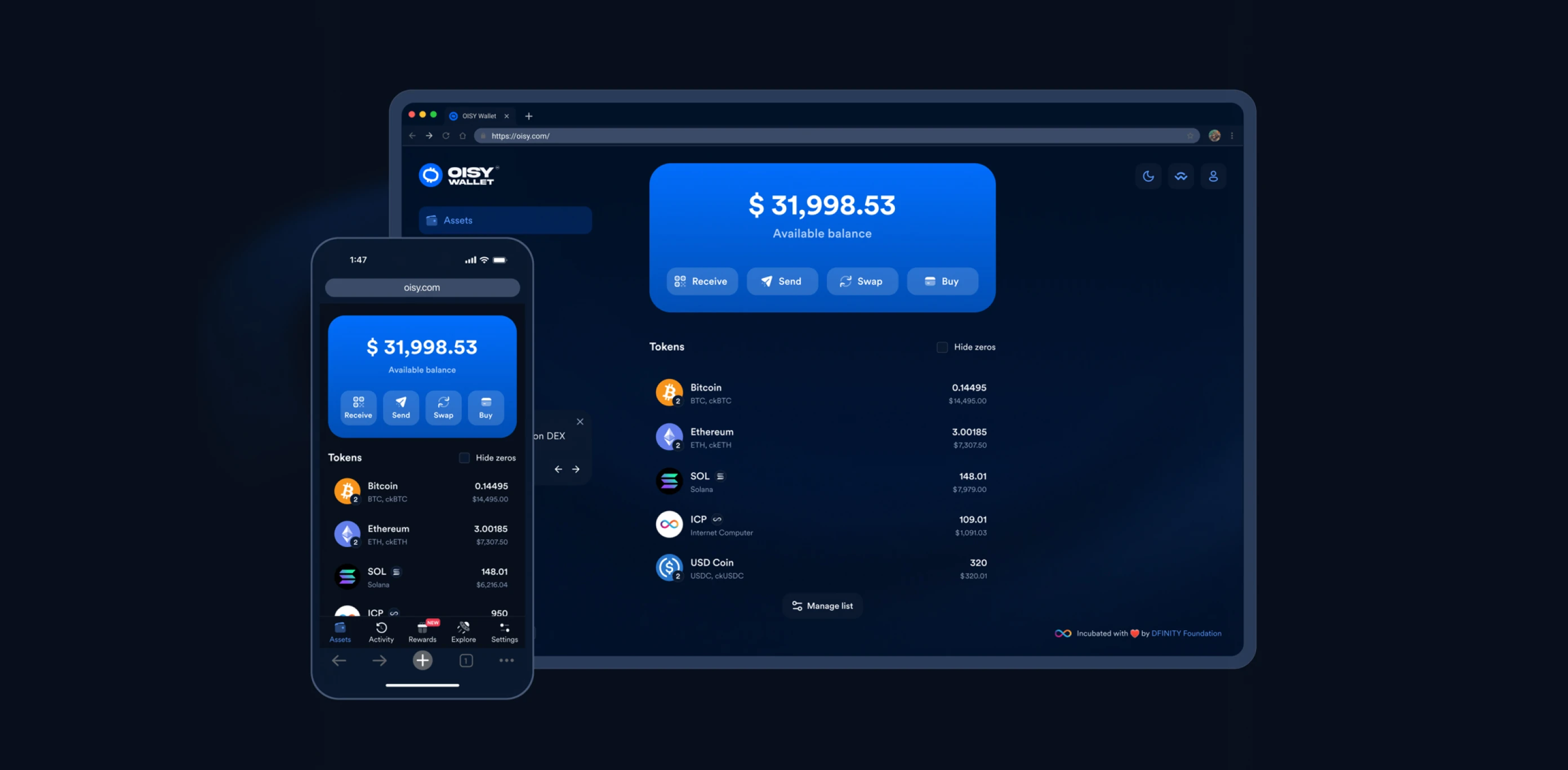 OISY Wallet product preview showing wallet balances and product UI